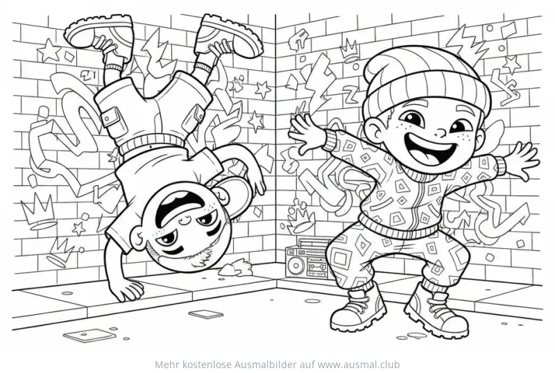 Zwei Jungen tanzen Breakdance Ausmalbild