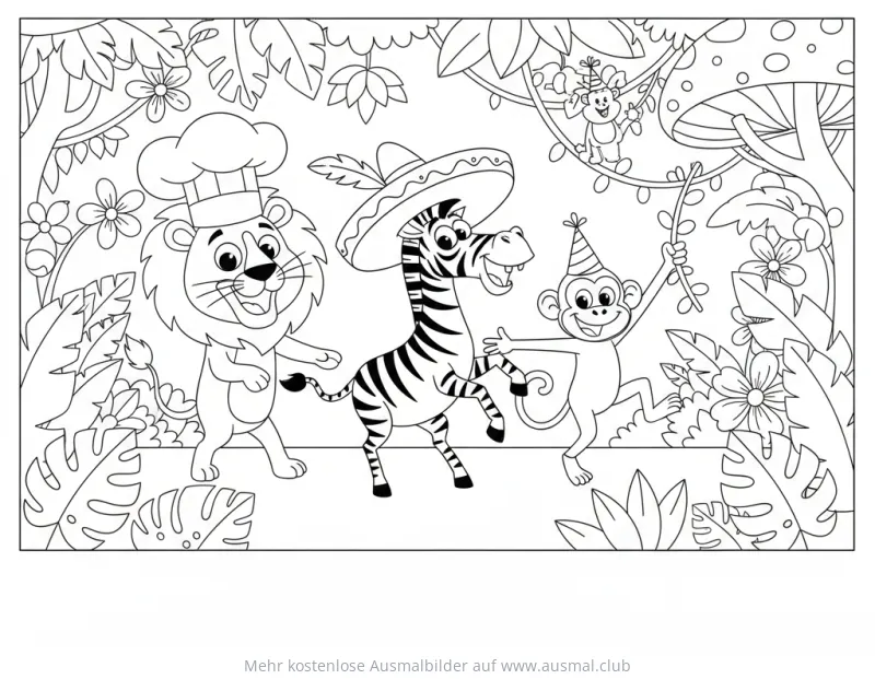 Conga Tanzende Tiere Ausmalbild: Löwe, Zebra, Affen