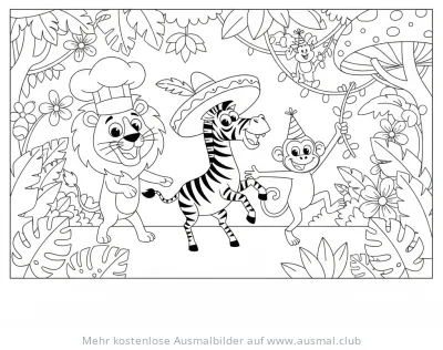 Conga Tanzende Tiere Ausmalbild: Löwe, Zebra, Affen
