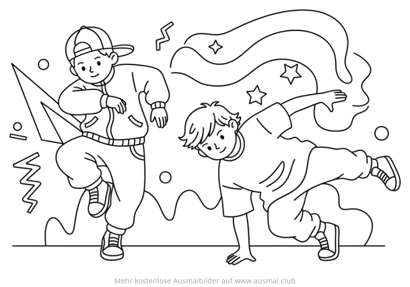 Zwei tanzende Jungen im Hiphop-Stil Ausmalbild