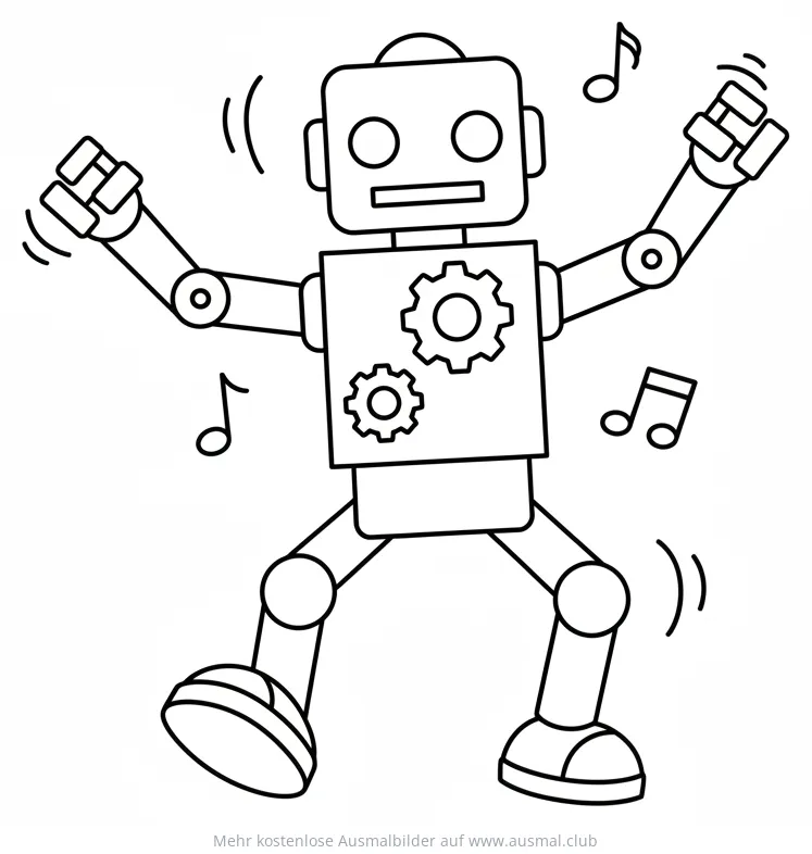Tanzender Roboter mit Zahnrädern und Noten Ausmalbild