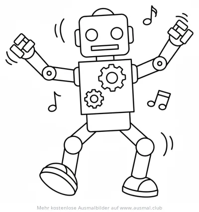 Tanzender Roboter mit Zahnrädern und Noten Ausmalbild