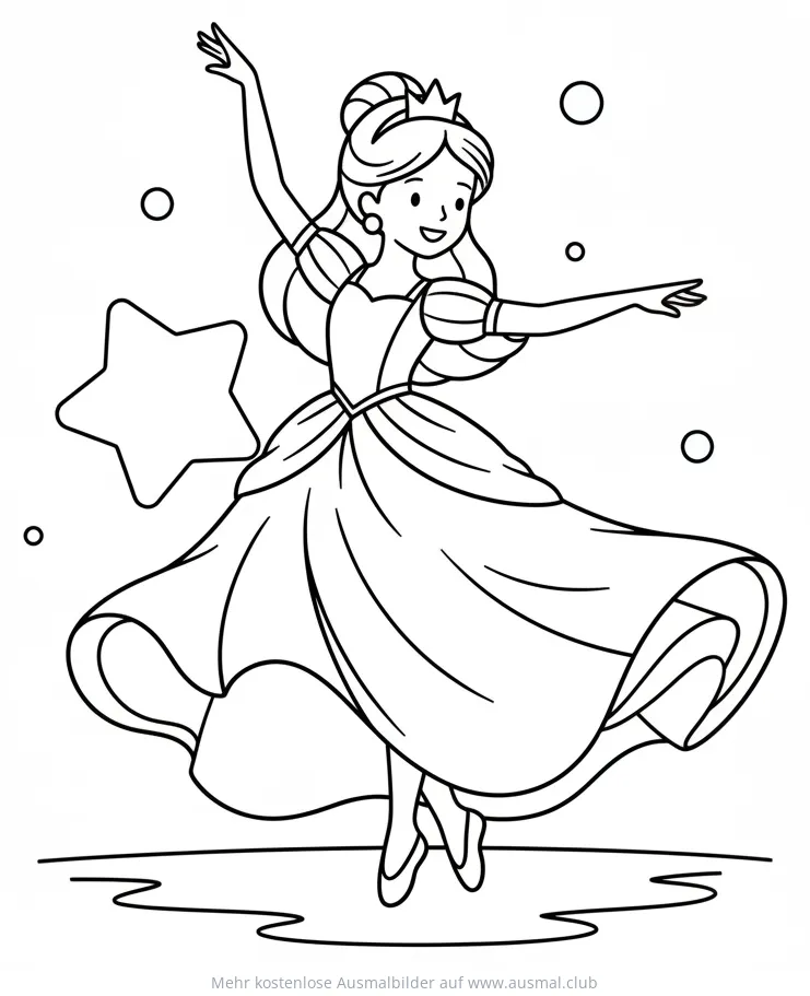 Tanzende Prinzessin mit Krone und Stern Ausmalbild