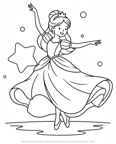 Tanzende Prinzessin mit Krone und Stern Ausmalbild