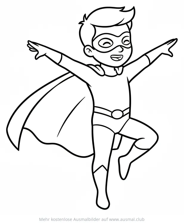 Fröhlicher Junge als Superheld mit Umhang Ausmalbild