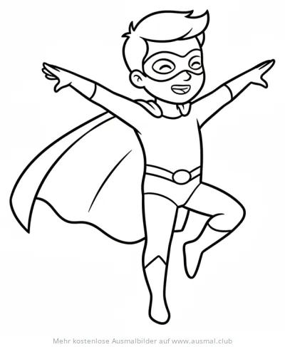 Fröhlicher Junge als Superheld mit Umhang Ausmalbild
