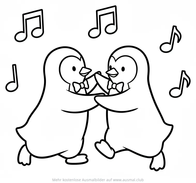 Zwei tanzende Pinguine mit Fliege, umgeben von Noten Ausmalbild