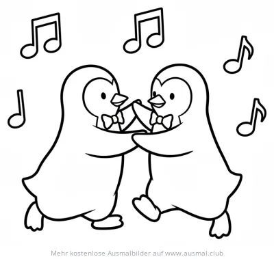 Zwei tanzende Pinguine mit Fliege, umgeben von Noten Ausmalbild