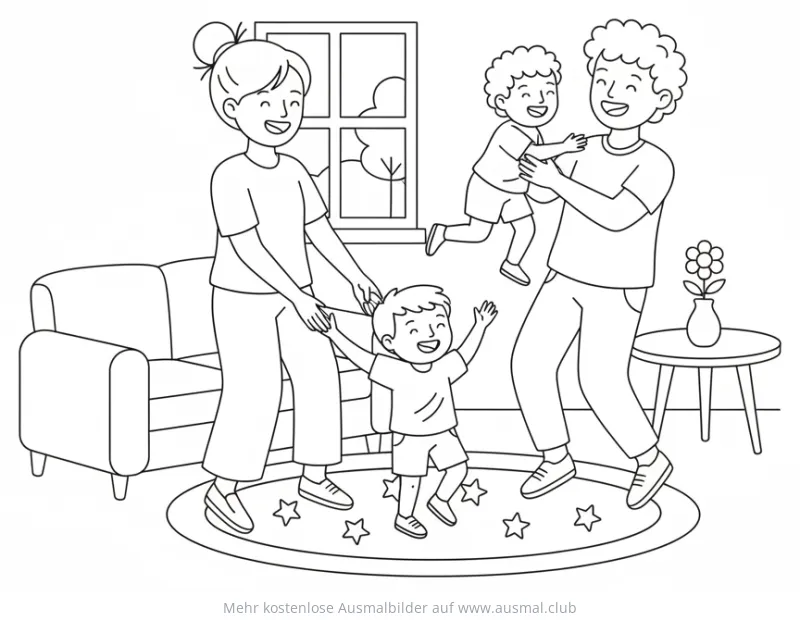 Familie tanzt glücklich im Wohnzimmer Ausmalbild
