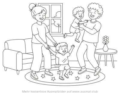 Familie tanzt glücklich im Wohnzimmer Ausmalbild