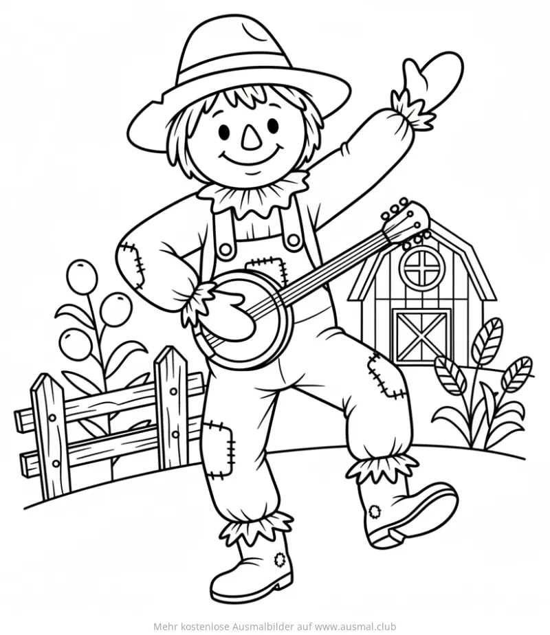 Tanzende Vogelscheuche mit Banjo vor Scheune Ausmalbild