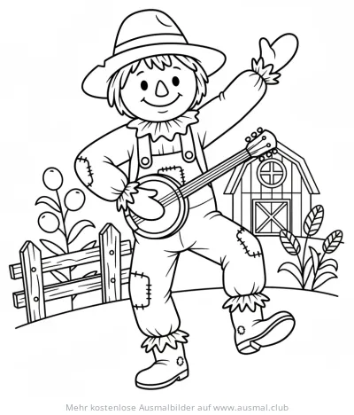 Tanzende Vogelscheuche mit Banjo vor Scheune Ausmalbild