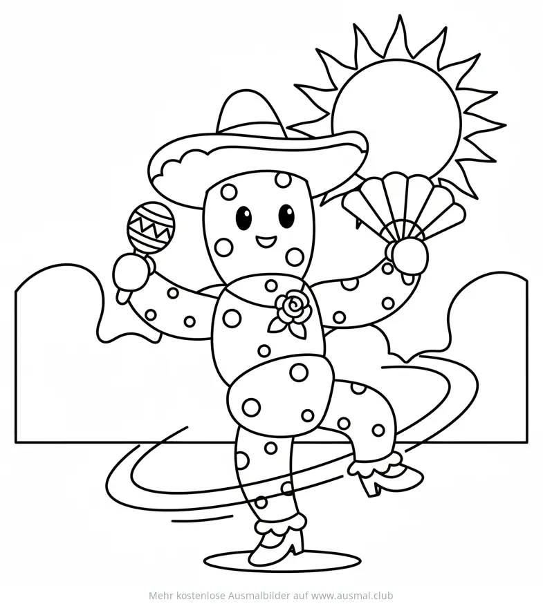 Tanzender Kaktus mit Sombrero und Maracas Ausmalbild