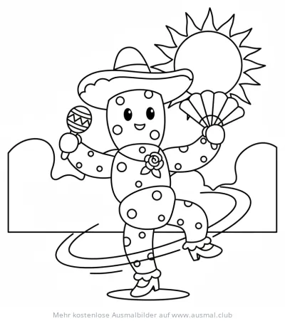 Tanzender Kaktus mit Sombrero und Maracas Ausmalbild