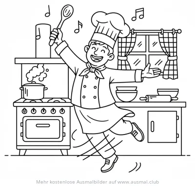 Tanzender Koch mit Kochlöffel in der Küche Ausmalbild