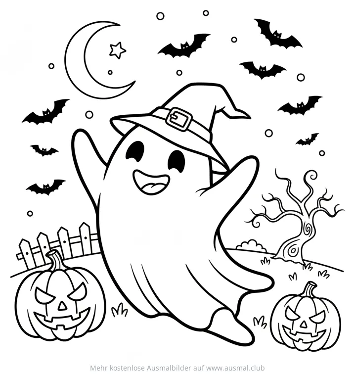 Tanzender Geist mit Hexenhut, Kürbissen und Fledermäusen Ausmalbild