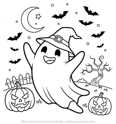 Tanzender Geist mit Hexenhut, Kürbissen und Fledermäusen Ausmalbild