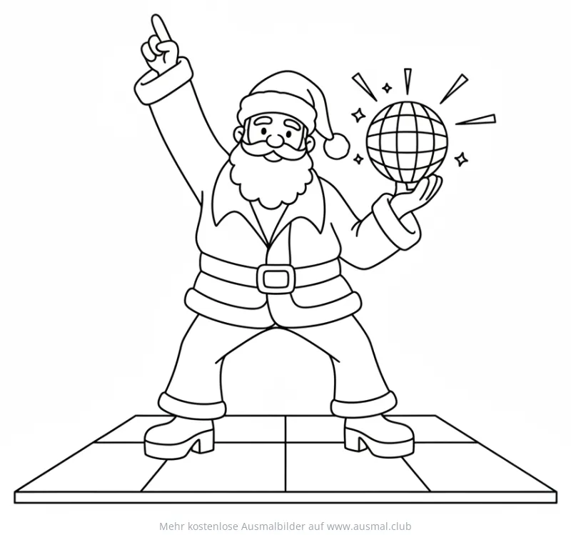 Tanzender Weihnachtsmann mit Discokugel Ausmalbild