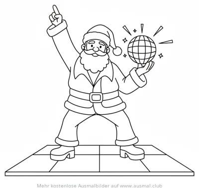Tanzender Weihnachtsmann mit Discokugel Ausmalbild
