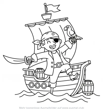 Pirat mit Papagei auf seinem Schiff Ausmalbild