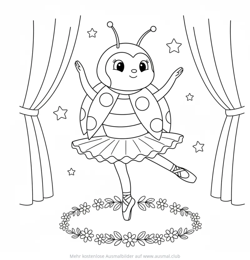 Marienkäfer als Ballerina auf der Bühne Ausmalbild