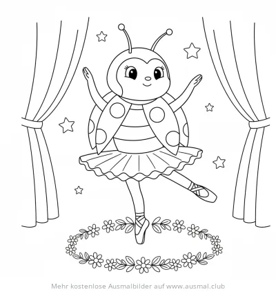 Marienkäfer als Ballerina auf der Bühne Ausmalbild