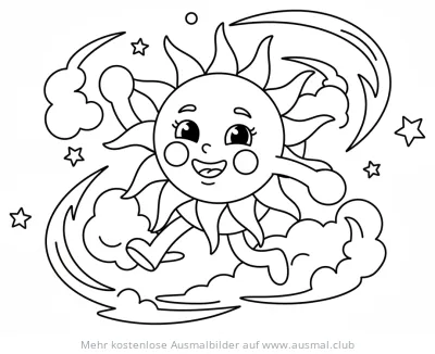 Fröhliche tanzende Sonne Ausmalbild mit Wolken und Sternen
