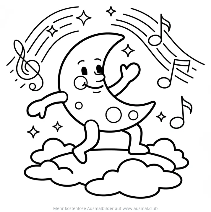 Tanzender Mond auf Wolke mit Noten Ausmalbild