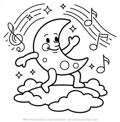 Tanzender Mond auf Wolke mit Noten Ausmalbild