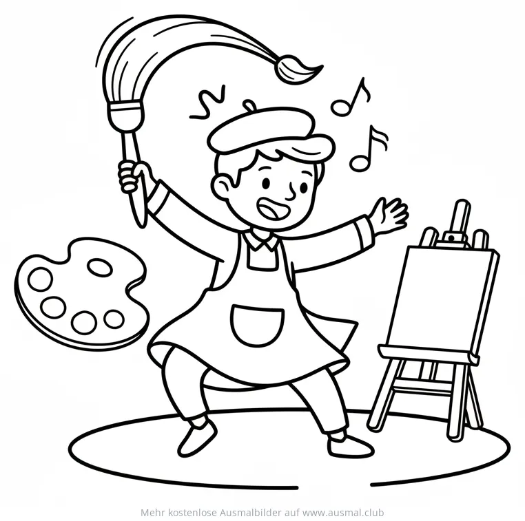 Fröhlicher, tanzender Maler mit Pinsel, Palette und Staffelei Ausmalbild