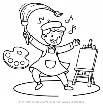 Fröhlicher, tanzender Maler mit Pinsel, Palette und Staffelei Ausmalbild