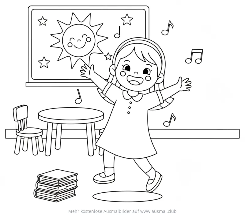 Tanzende Lehrerin mit Sonne im Klassenzimmer Ausmalbild