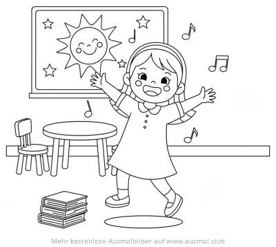 Tanzende Lehrerin mit Sonne im Klassenzimmer Ausmalbild