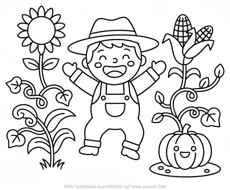 Fröhlicher Bauer mit Sonnenblume, Mais und Kürbis Ausmalbild