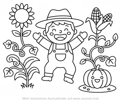 Fröhlicher Bauer mit Sonnenblume, Mais und Kürbis Ausmalbild