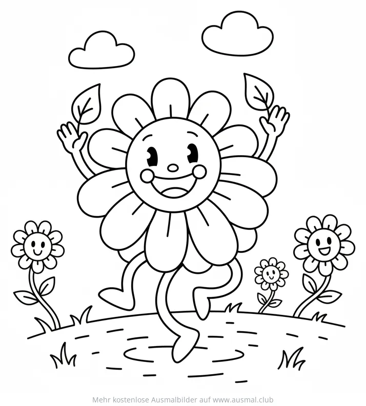 Tanzende Blume mit Gesicht auf einer Wiese Ausmalbild