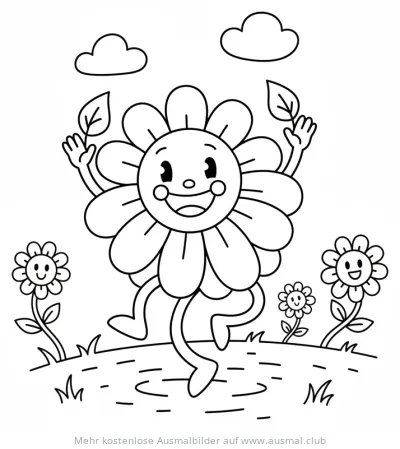 Tanzende Blume mit Gesicht auf einer Wiese Ausmalbild