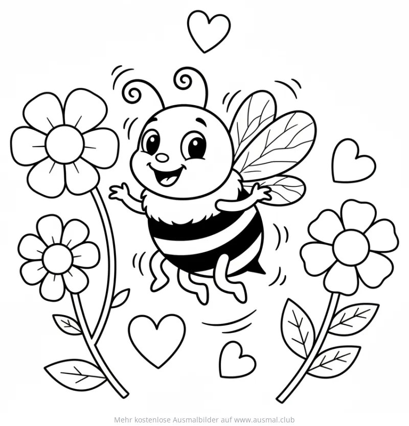 Freundliche Biene mit Blumen und Herzen Ausmalbild