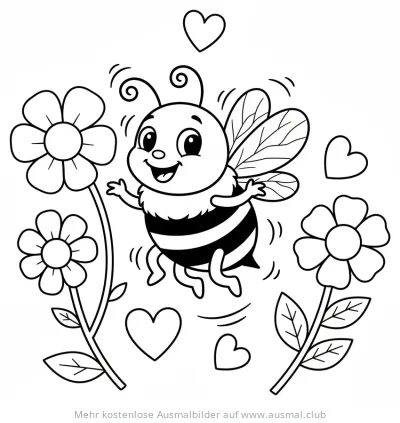 Freundliche Biene mit Blumen und Herzen Ausmalbild