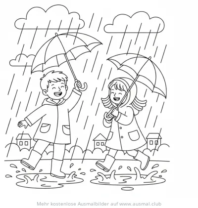Junge und Mädchen mit Regenschirmen im Regen Ausmalbild