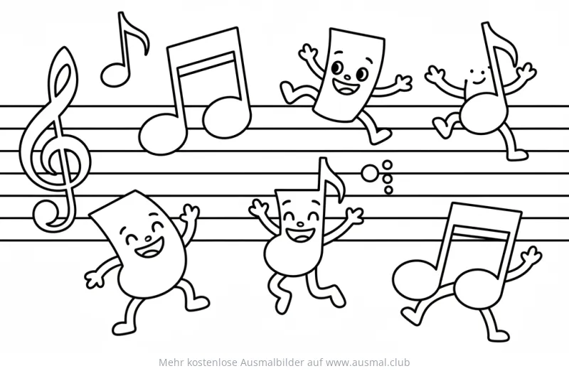 Tanzende Musiknoten Ausmalbild auf Notenzeile