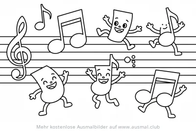 Tanzende Musiknoten Ausmalbild auf Notenzeile