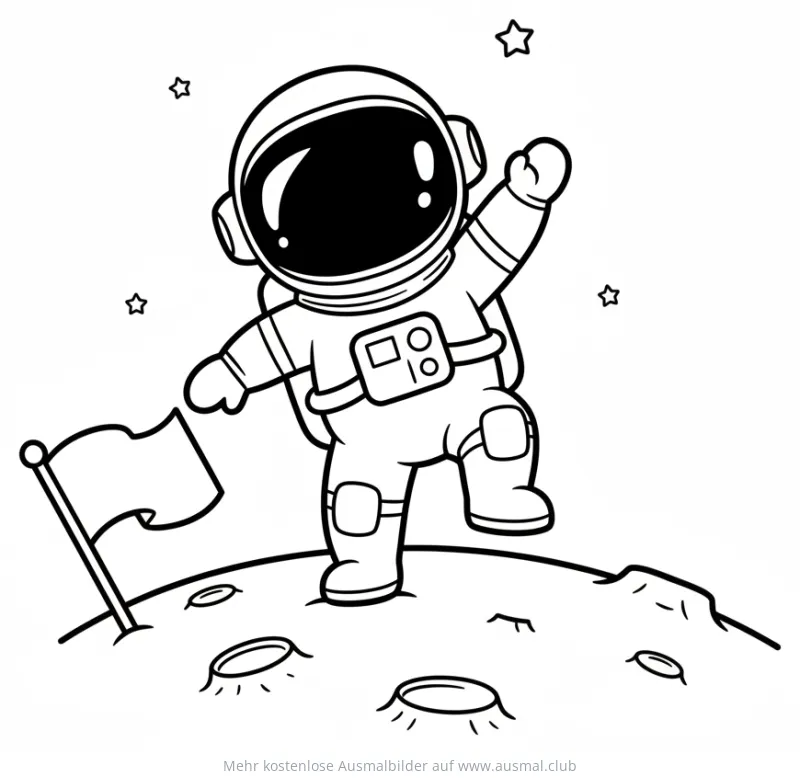 Astronaut mit Flagge auf dem Mond Ausmalbild