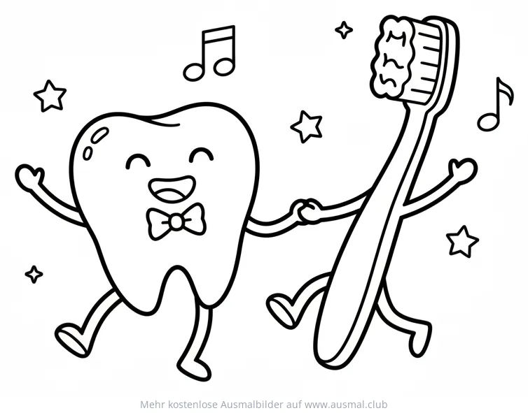 Tanzender Zahn mit Fliege und Zahnbürste Ausmalbild