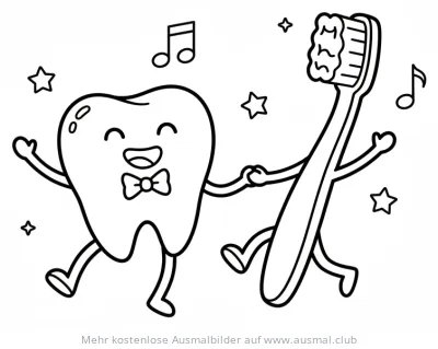 Tanzender Zahn mit Fliege und Zahnbürste Ausmalbild