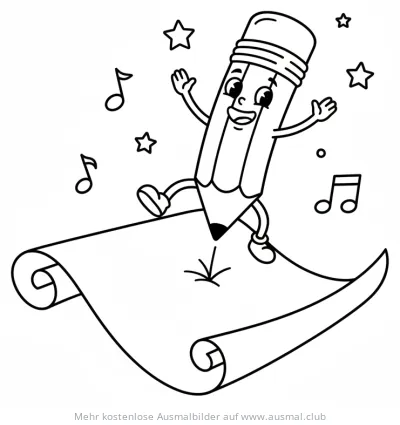 Tanzender Stift auf Schriftrolle Ausmalbild mit Noten und Sternen