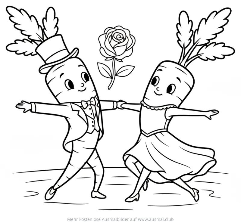 Tanzende Karotten mit Anzug, Kleid und Rose Ausmalbild