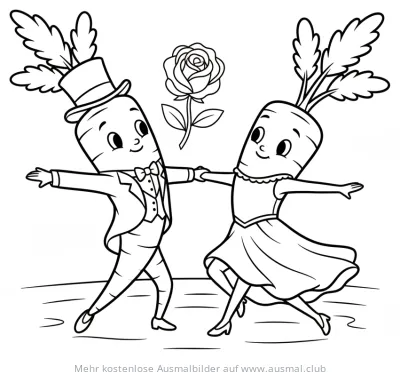 Tanzende Karotten mit Anzug, Kleid und Rose Ausmalbild