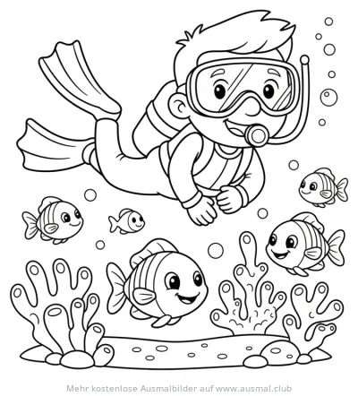 Taucher mit Fischen und Korallenriff Ausmalbild