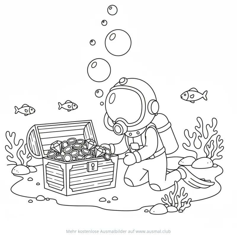 Taucher findet Schatzkiste voller Gold und Diamanten Ausmalbild